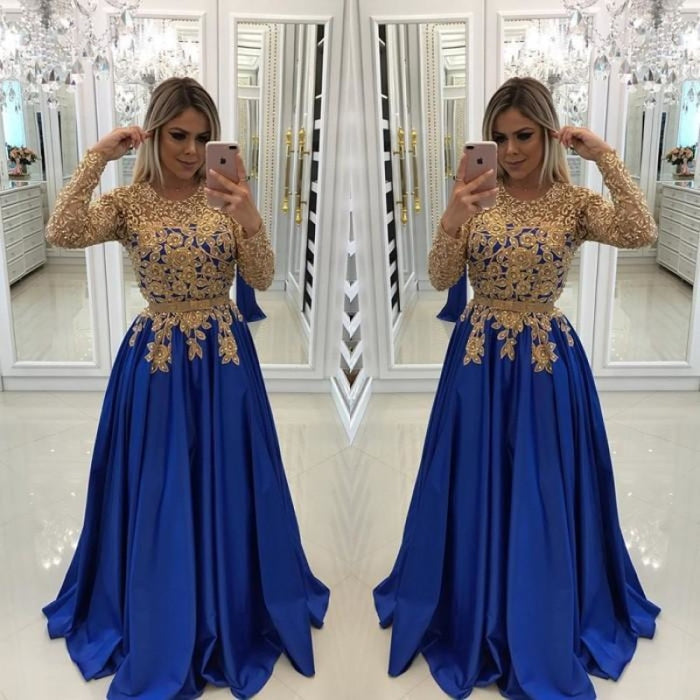 Royal Blue Ball Gown Sequins Gold Sequins Appliques Long Sleeve Luxury  Wedding Dress